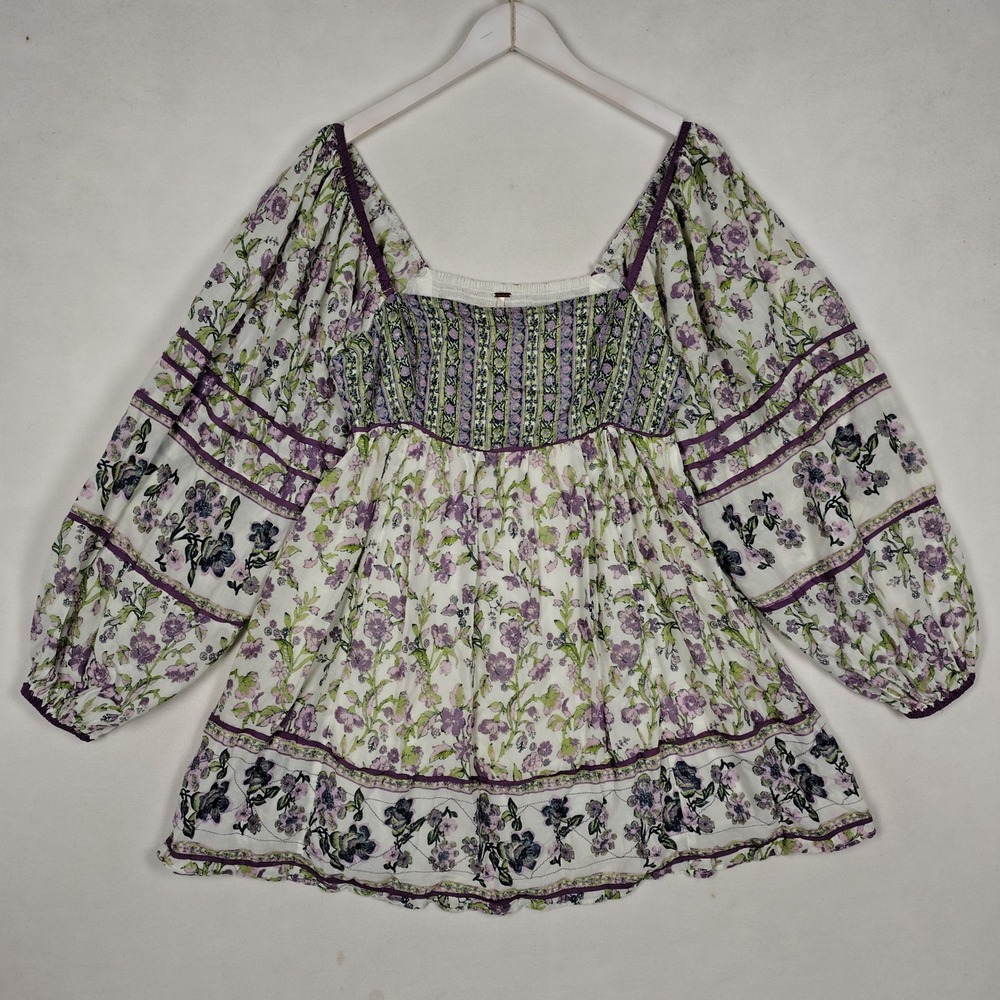 Free People Smocked Floral Tunic Top Purple White Green Balloon Sleeve Large